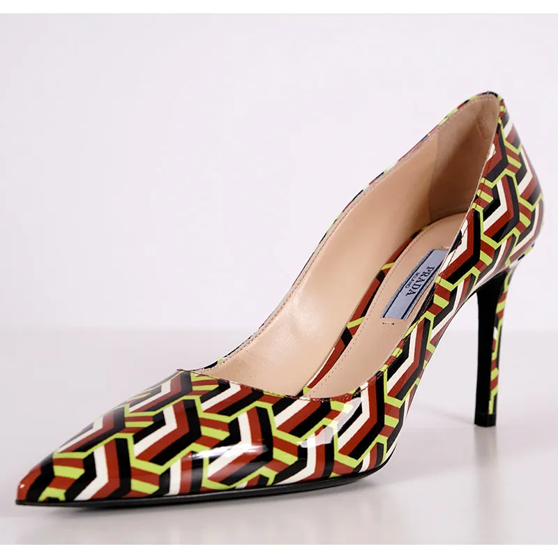 37.5 NEW $790 PRADA Green SAINT TWIST PATTERN PATENT Point Toe Pumps HEELS NIB