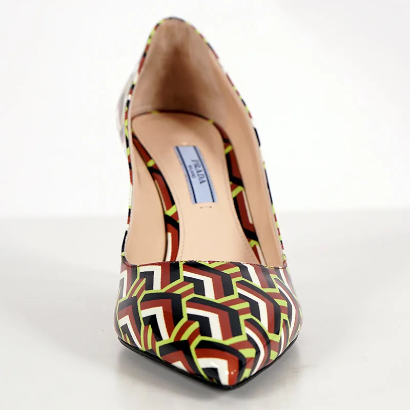 37.5 NEW $790 PRADA Green SAINT TWIST PATTERN PATENT Point Toe Pumps HEELS NIB