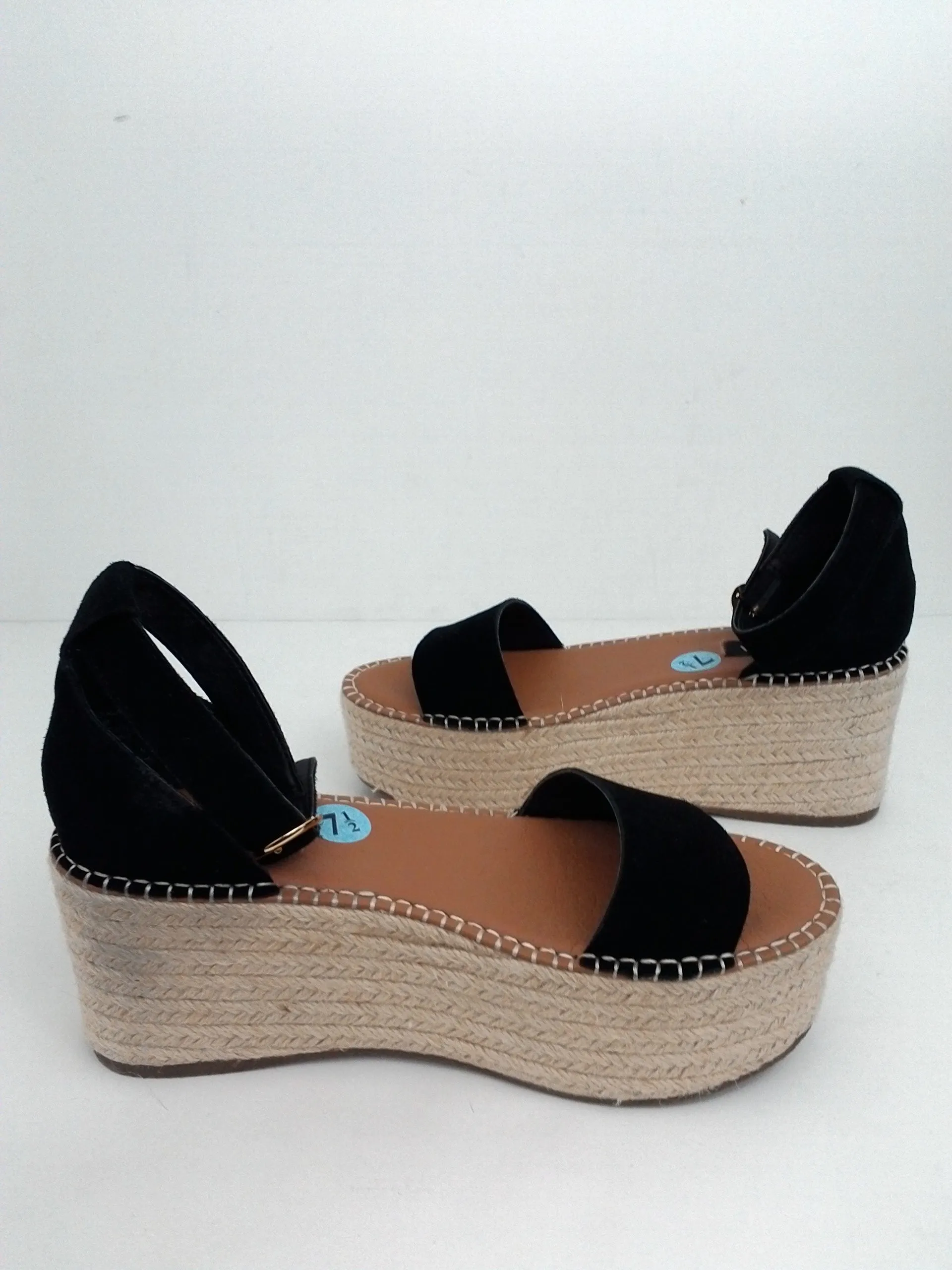 AQUA Women's Platform Black leather Sandals Espadrille Wedge Size 7.5M