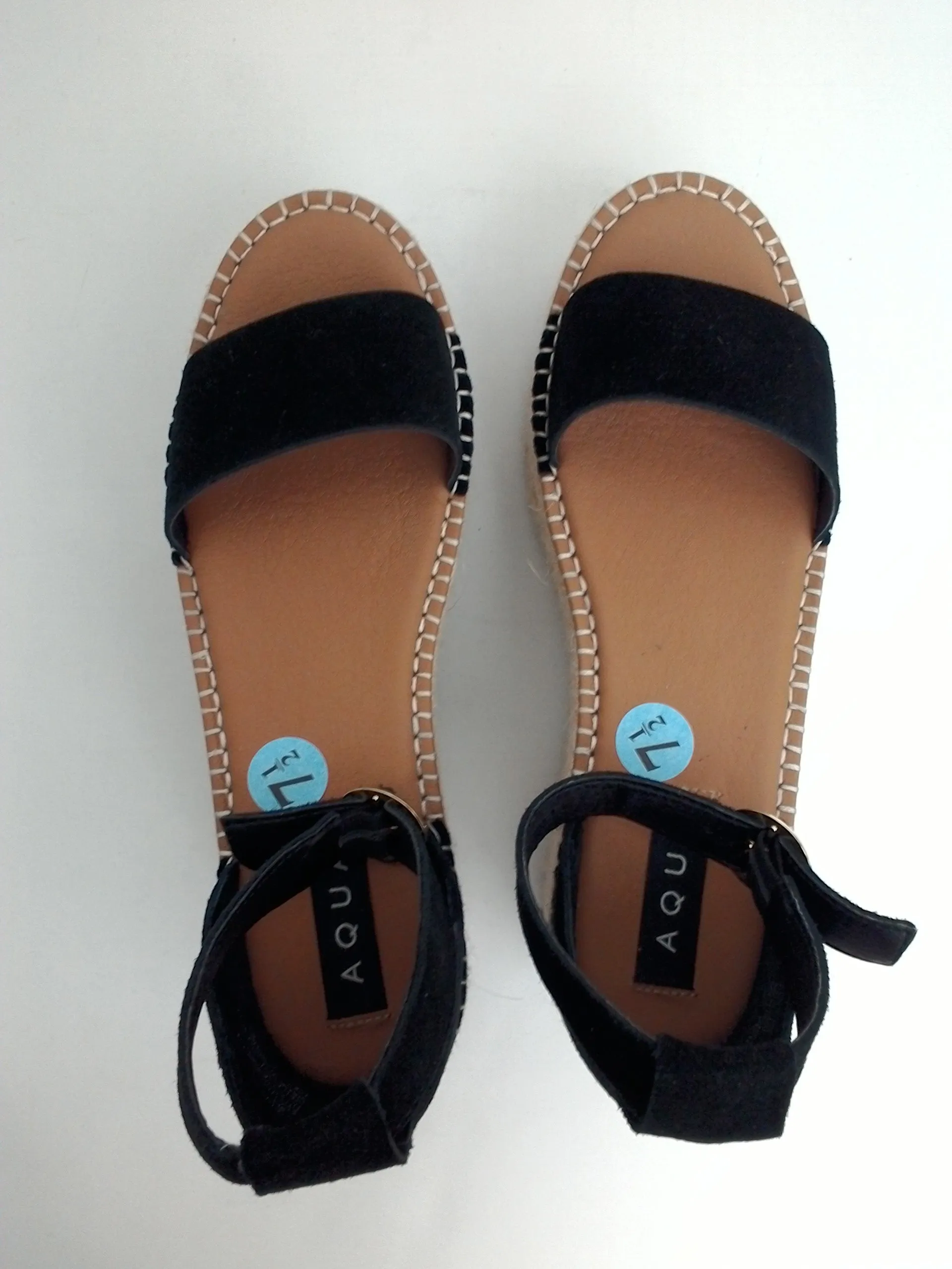 AQUA Women's Platform Black leather Sandals Espadrille Wedge Size 7.5M