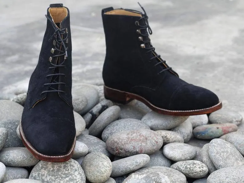 Awesome Handmade Men's Black Suede Cap Toe Lace Up Boots, Men Fashion Ankle Boots