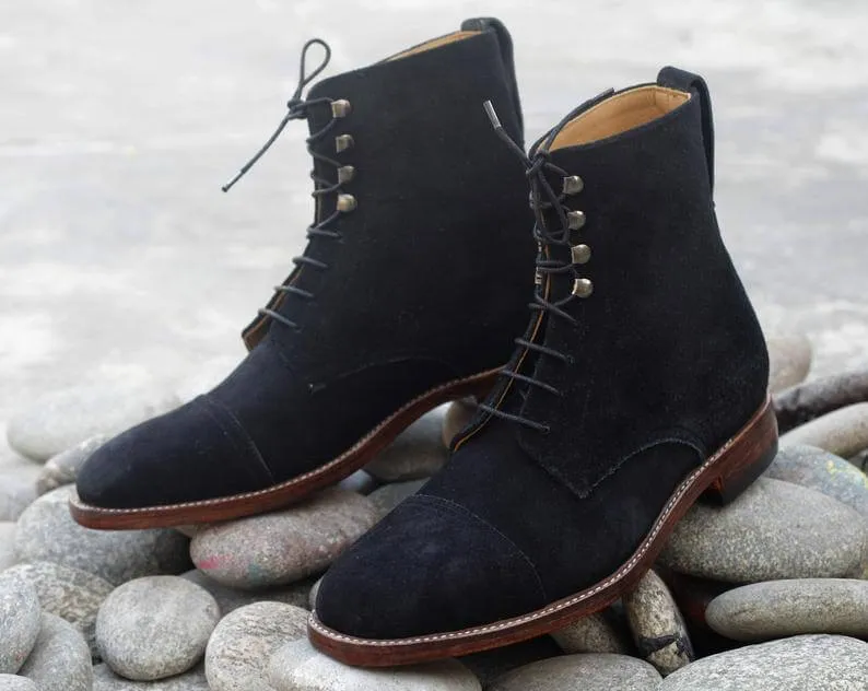 Awesome Handmade Men's Black Suede Cap Toe Lace Up Boots, Men Fashion Ankle Boots