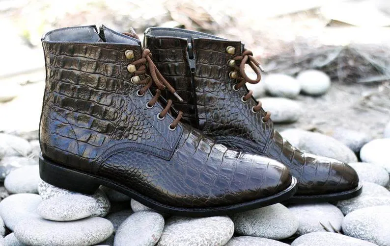 Awesome Handmade Men's Dark Brown Alligator Textured Leather Boots, Men Fashion Dress Ankle Boots