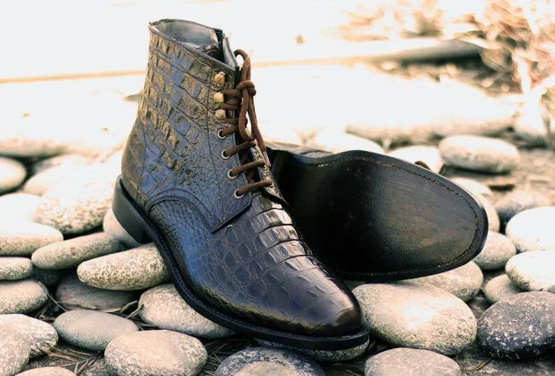 Awesome Handmade Men's Dark Brown Alligator Textured Leather Boots, Men Fashion Dress Ankle Boots