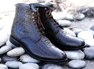 Awesome Handmade Men's Dark Brown Alligator Textured Leather Boots, Men Fashion Dress Ankle Boots