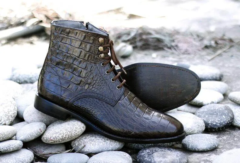 Awesome Handmade Men's Dark Brown Alligator Textured Leather Boots, Men Fashion Dress Ankle Boots