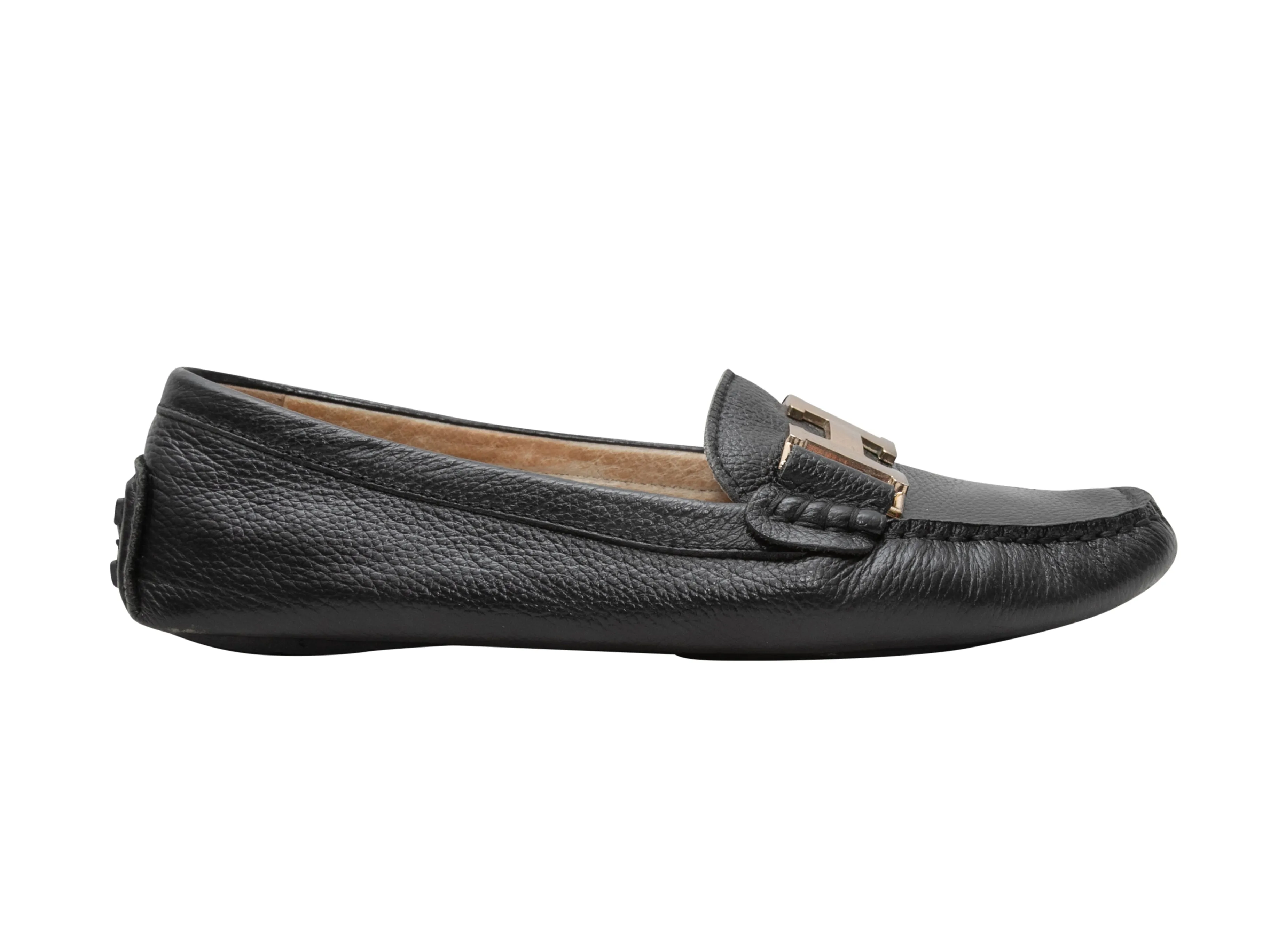 Black Hermes Leather Logo Driving Loafers Size 38