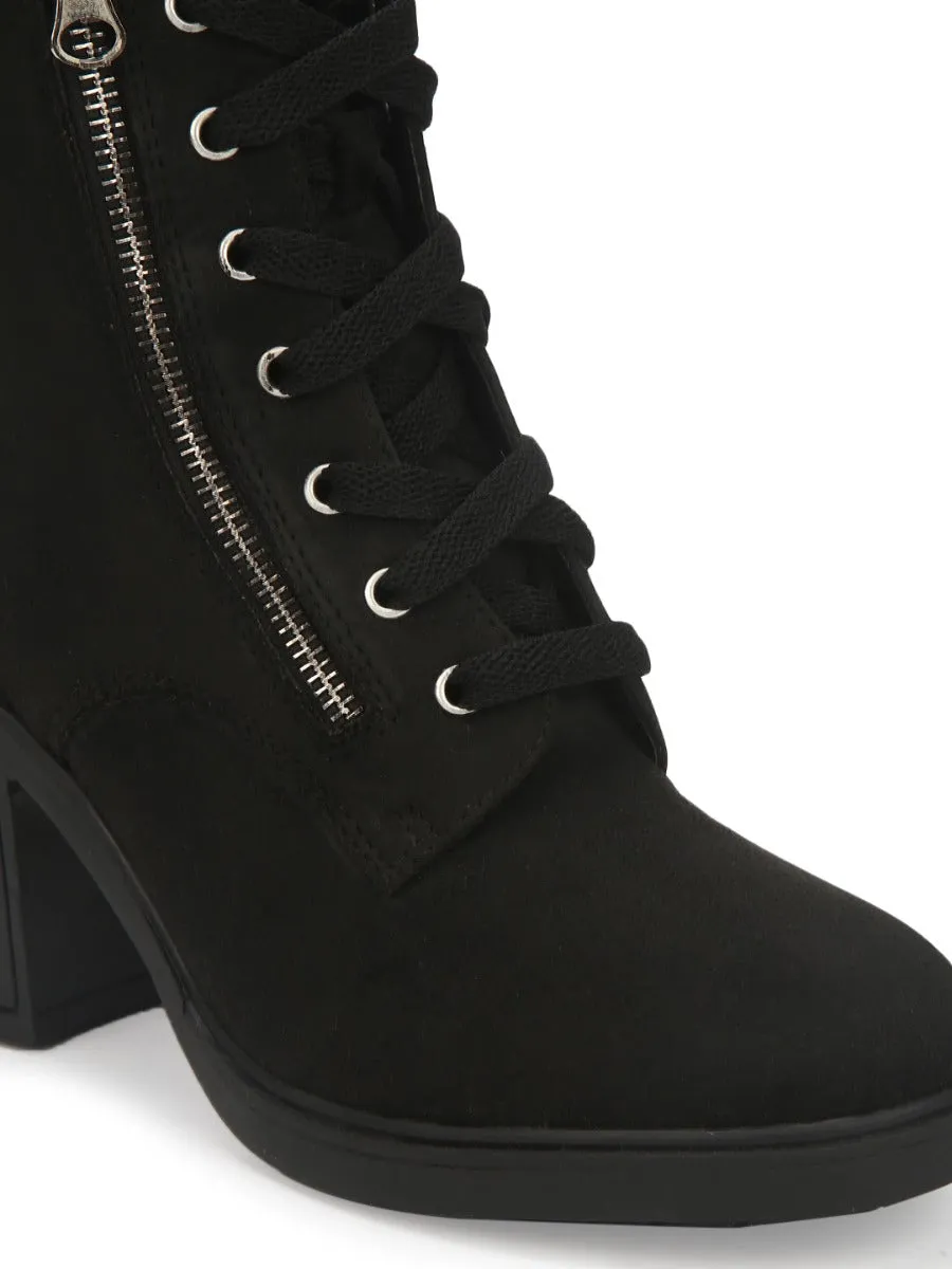 Black Suede Lace Up Block Heel Ankle Boots