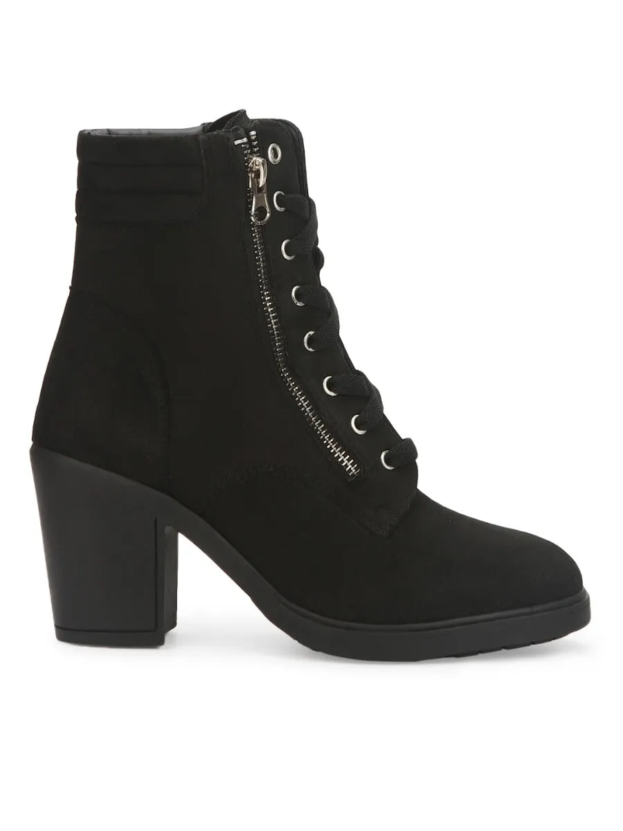 Black Suede Lace Up Block Heel Ankle Boots