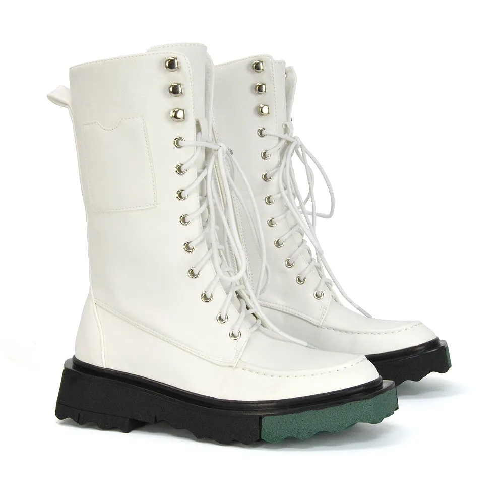 Blakely Flat Wedge Green Sole Biker Lace Up Ankle Boots in White Synthetic Leather