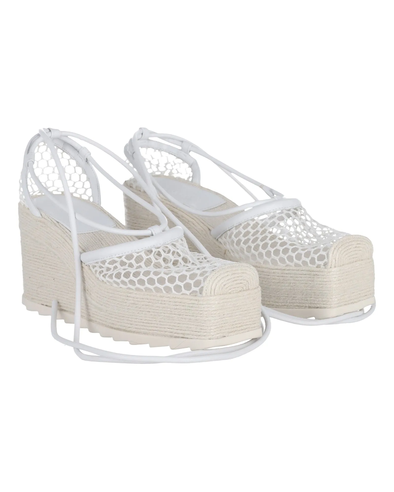 Bottega Veneta Mesh Espadrille Wedge Sandals in White Leather