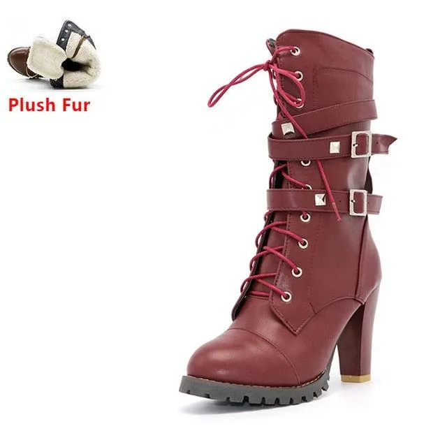 Buckle Zipper Rivets Lace Up Boots