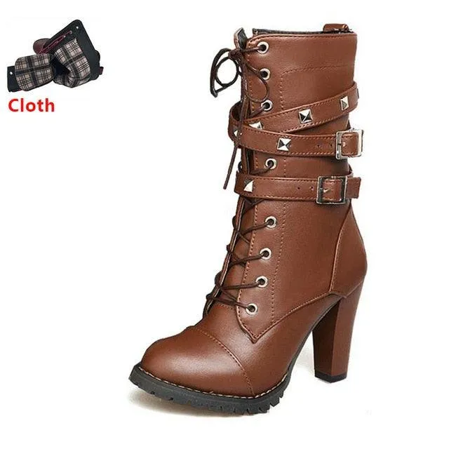 Buckle Zipper Rivets Lace Up Boots