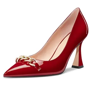 Castamere Women High Heel Chunky Block Pointed Toe Pumps Slip-on Party Dress 3.3 Inches Heels Burgundy Wine Red Patent