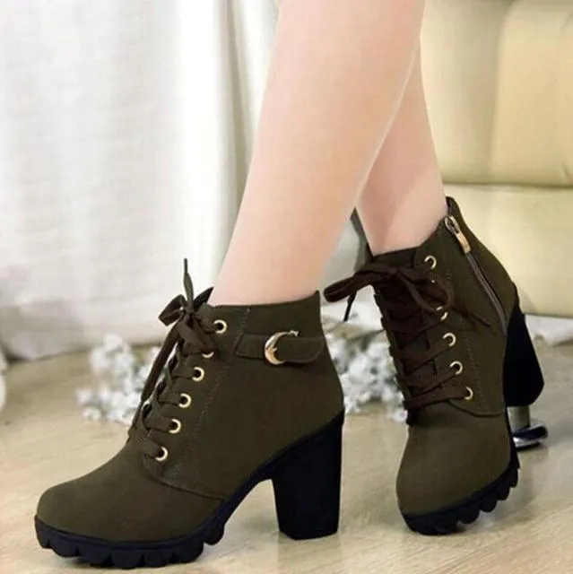 Chunky heel combat boots lace-up ankle boots fashion combat boots for women