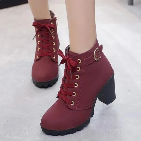 Chunky heel combat boots lace-up ankle boots fashion combat boots for women