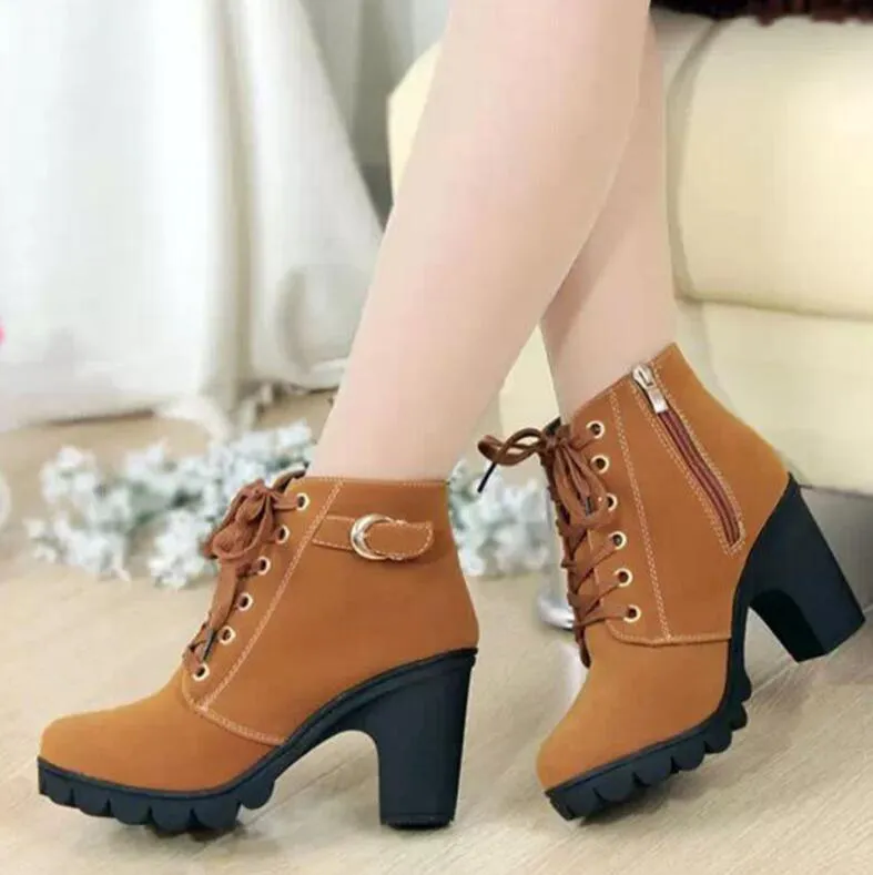 Chunky heel combat boots lace-up ankle boots fashion combat boots for women