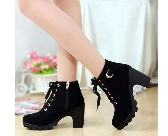 Chunky heel combat boots lace-up ankle boots fashion combat boots for women