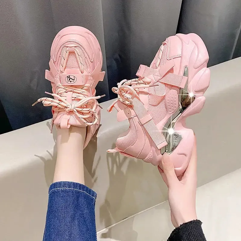 Chunky Platform Metal Strap Lace Up Sneakers