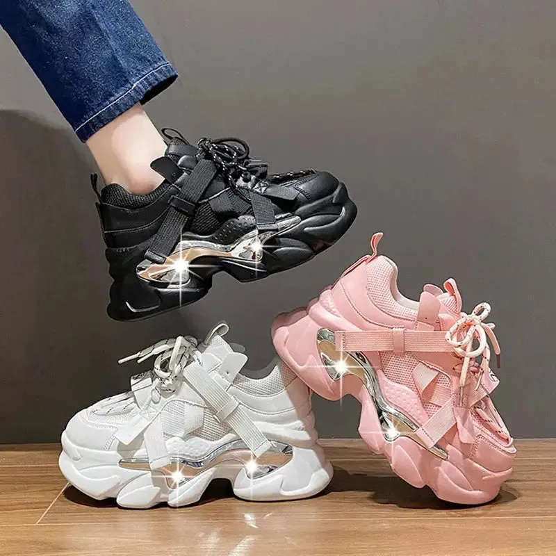 Chunky Platform Metal Strap Lace Up Sneakers