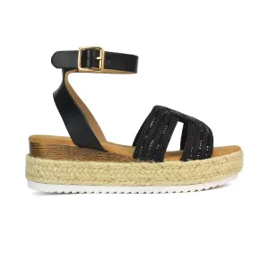 Clara Platform Wedge Heel Sandals Espadrille Diamante Flatforms in Black