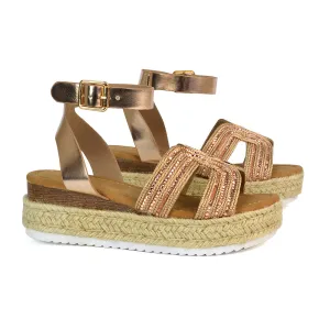 Clara Platform Wedge Heel Sandals Espadrille Diamante Flatforms in Rose Gold