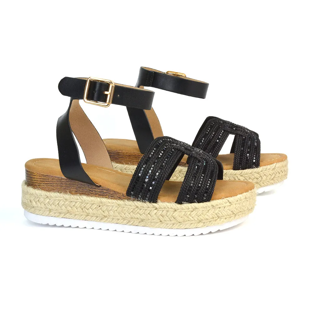 Clara Platform Wedge Heel Sandals Espadrille Diamante Flatforms in Rose Gold