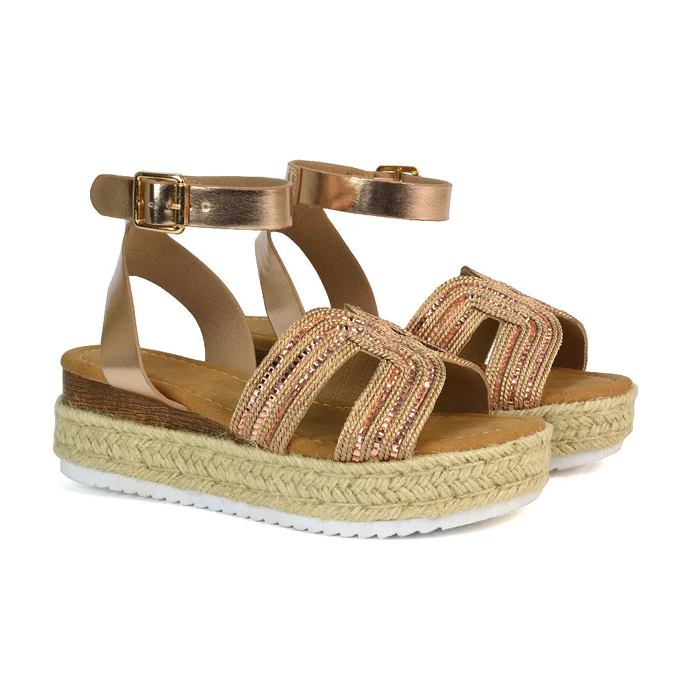 Clara Platform Wedge Heel Sandals Espadrille Diamante Flatforms in Rose Gold