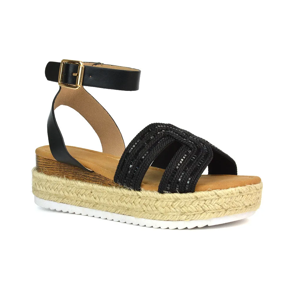 Clara Platform Wedge Heel Sandals Espadrille Diamante Flatforms in Rose Gold