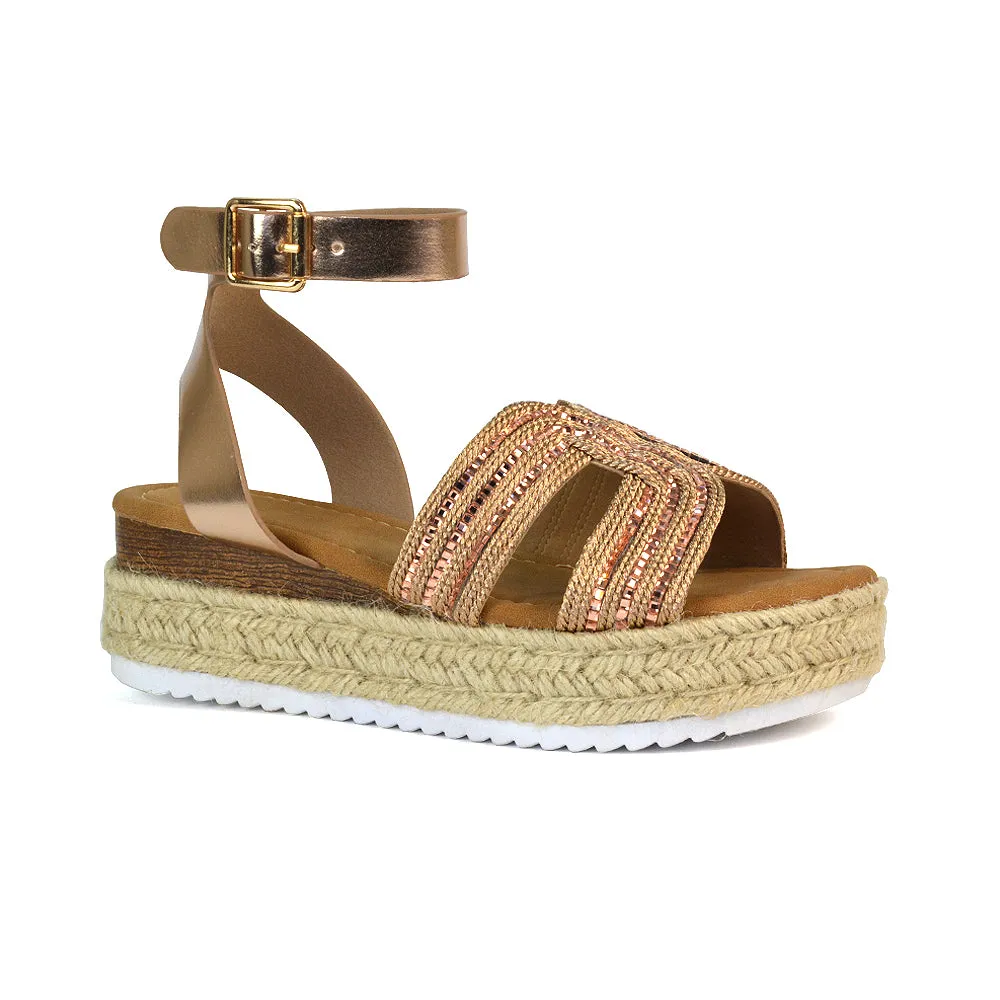 Clara Platform Wedge Heel Sandals Espadrille Diamante Flatforms in Rose Gold