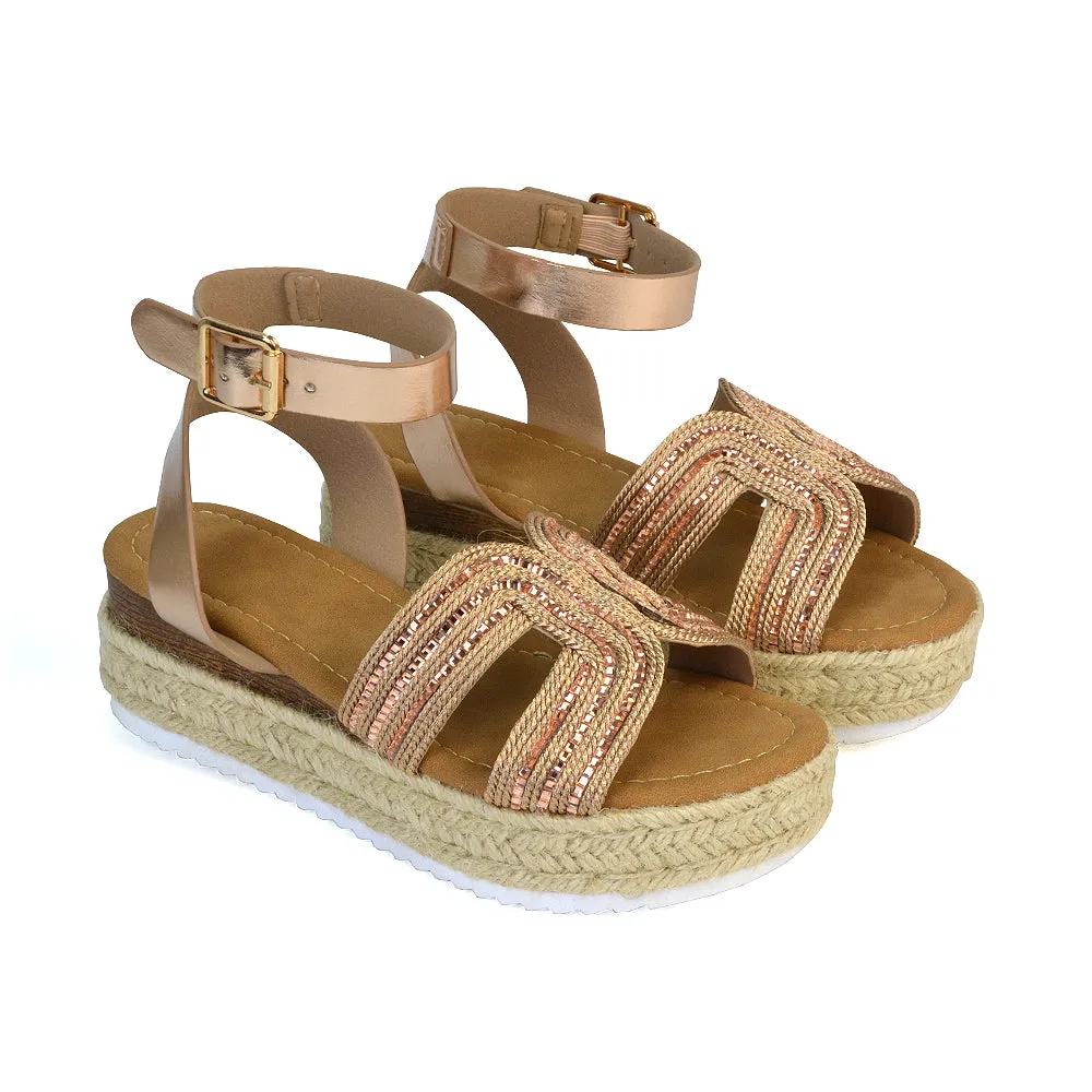 Clara Platform Wedge Heel Sandals Espadrille Diamante Flatforms in Rose Gold