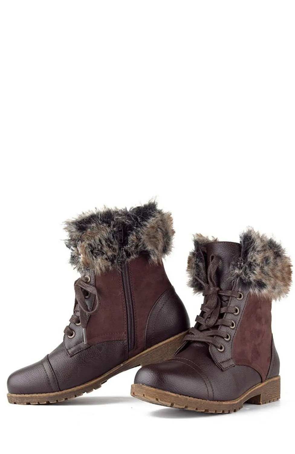 Combat Lace Up Faux Fur Ankle Cuff Lug Sole Booties