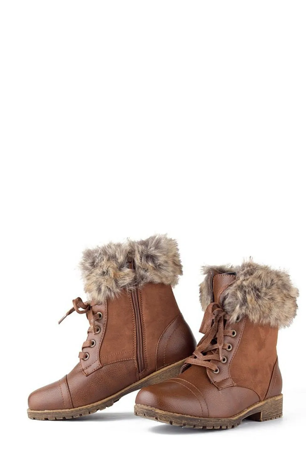 Combat Lace Up Faux Fur Ankle Cuff Lug Sole Booties