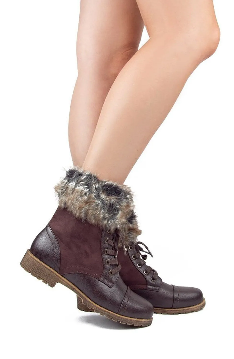 Combat Lace Up Faux Fur Ankle Cuff Lug Sole Booties