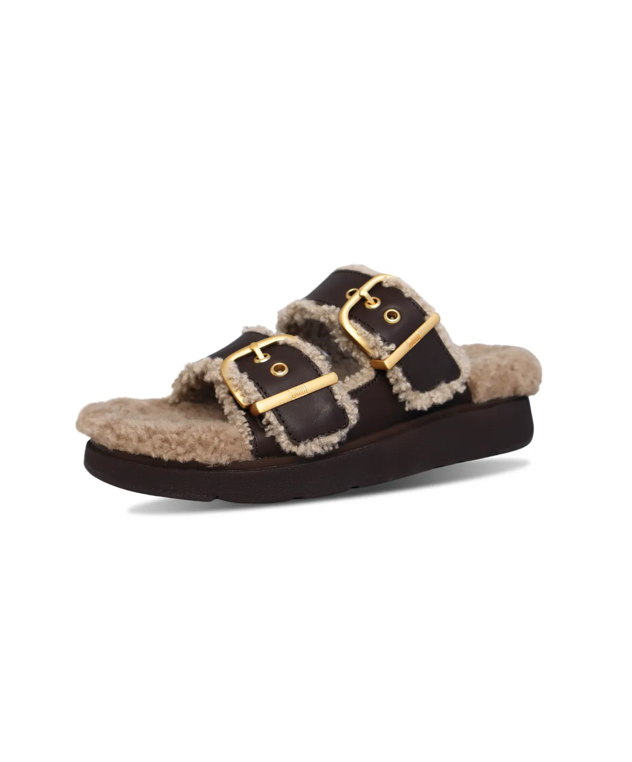 Fitflop Gen-FF Buckle 2 Bar Curly Shearling Leather Slides Chocolate Brown