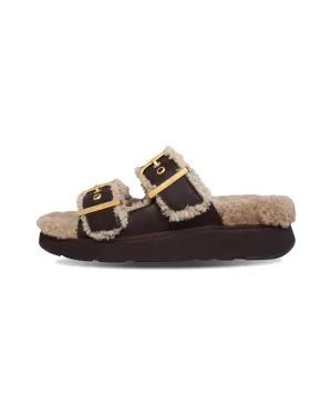 Fitflop Gen-FF Buckle 2 Bar Curly Shearling Leather Slides Chocolate Brown