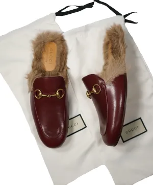 GUCCI - "Princeton" Fur Lined Open Back Loafers Slides Burgundy - 10US