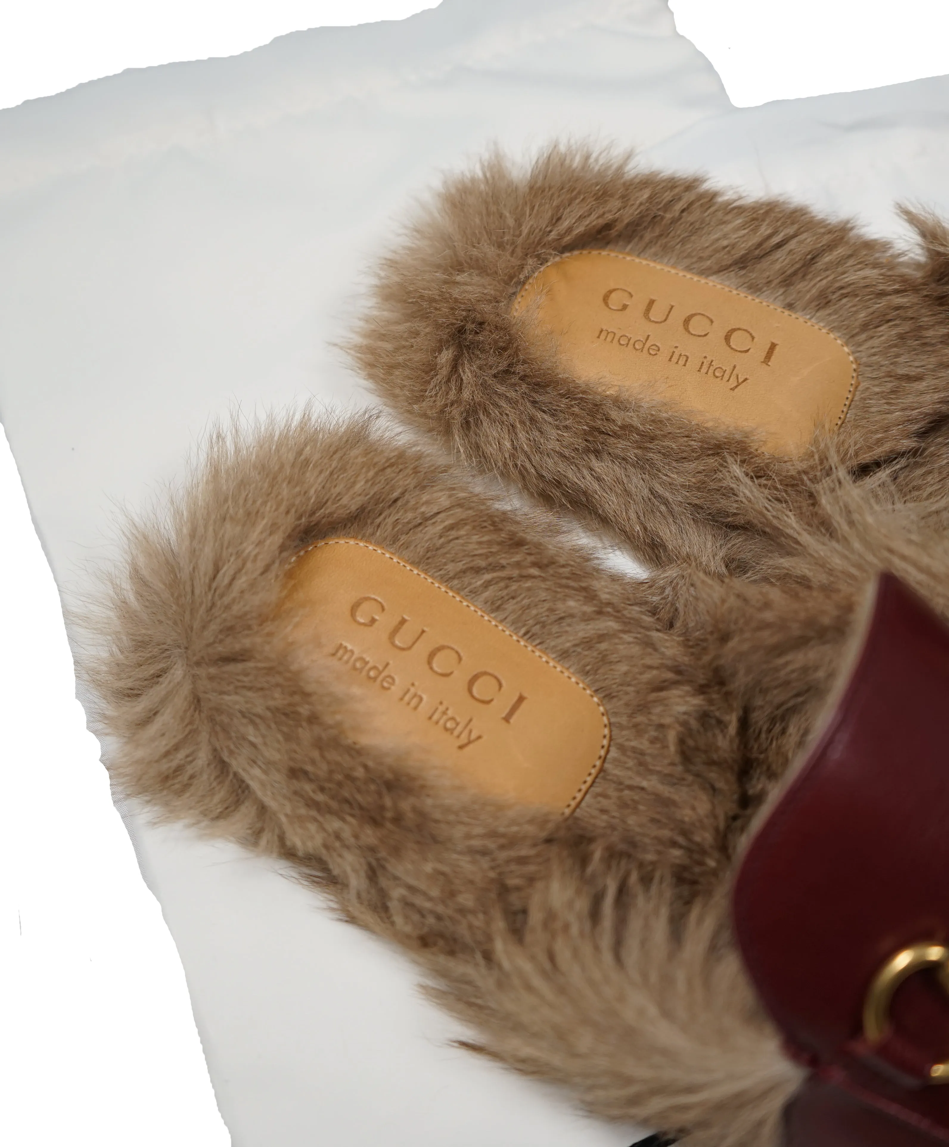 GUCCI - "Princeton" Fur Lined Open Back Loafers Slides Burgundy - 10US