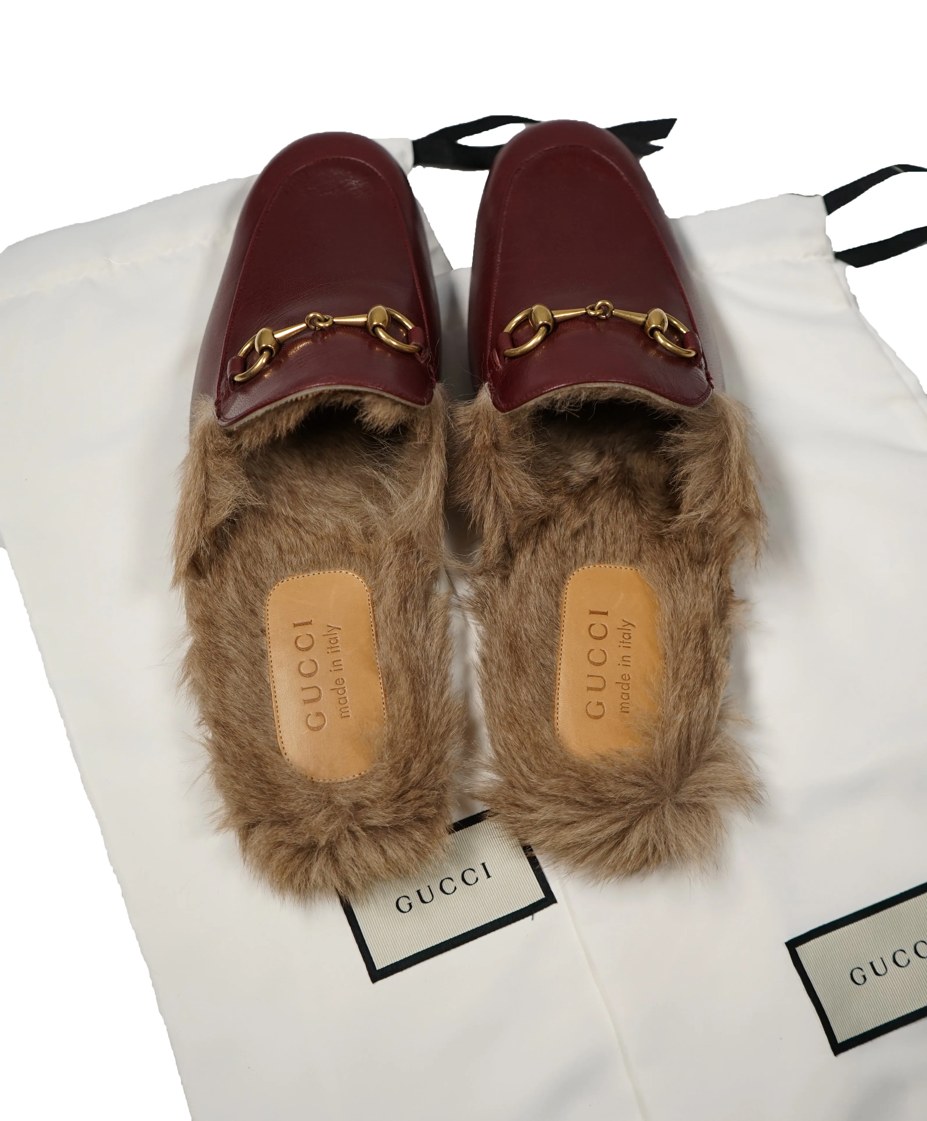 GUCCI - "Princeton" Fur Lined Open Back Loafers Slides Burgundy - 10US