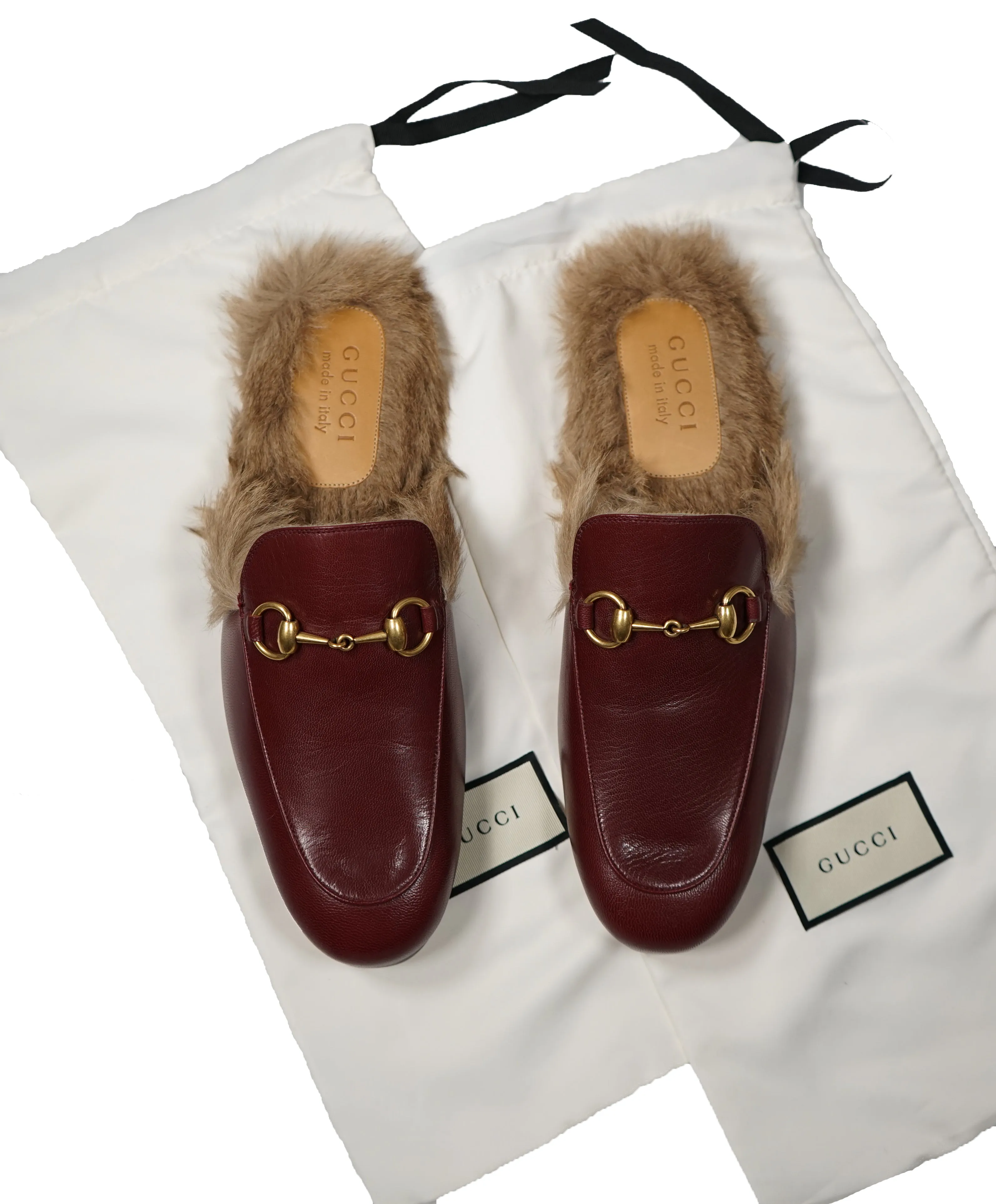 GUCCI - "Princeton" Fur Lined Open Back Loafers Slides Burgundy - 9US