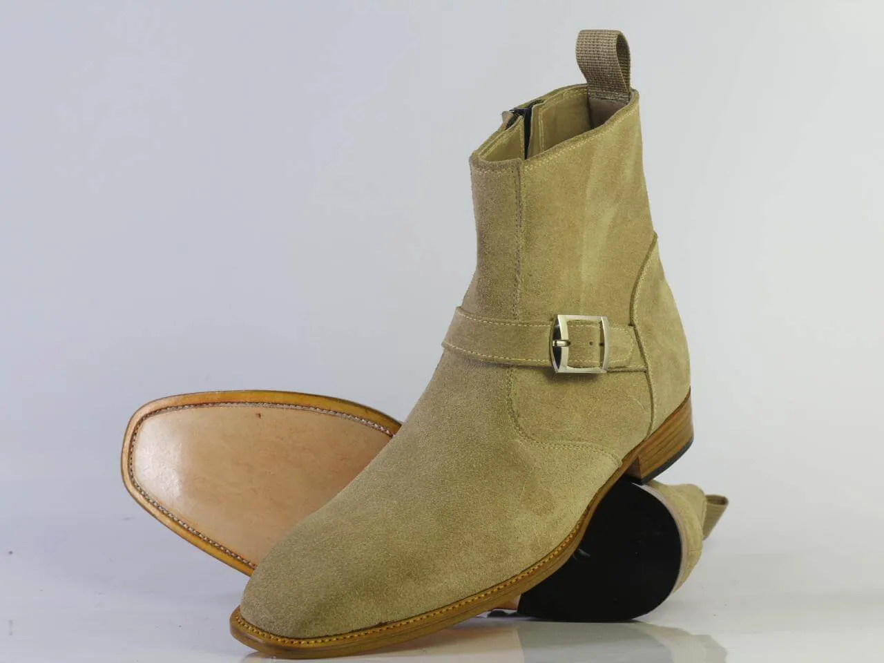 Handmade Men Jodhpurs Beige Suede Shoes, Men Buckle & Zipper Ankle High Boots