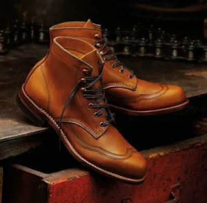 Handmade Men Wingtip Tan Color Ankle Boots, Ankle Leather Boots, Men Long Boots