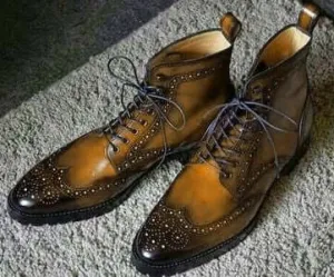 Handmade Men's Ankle High Brown Leather Shoes, Men Wing Tip Brogue Lace Up Boots