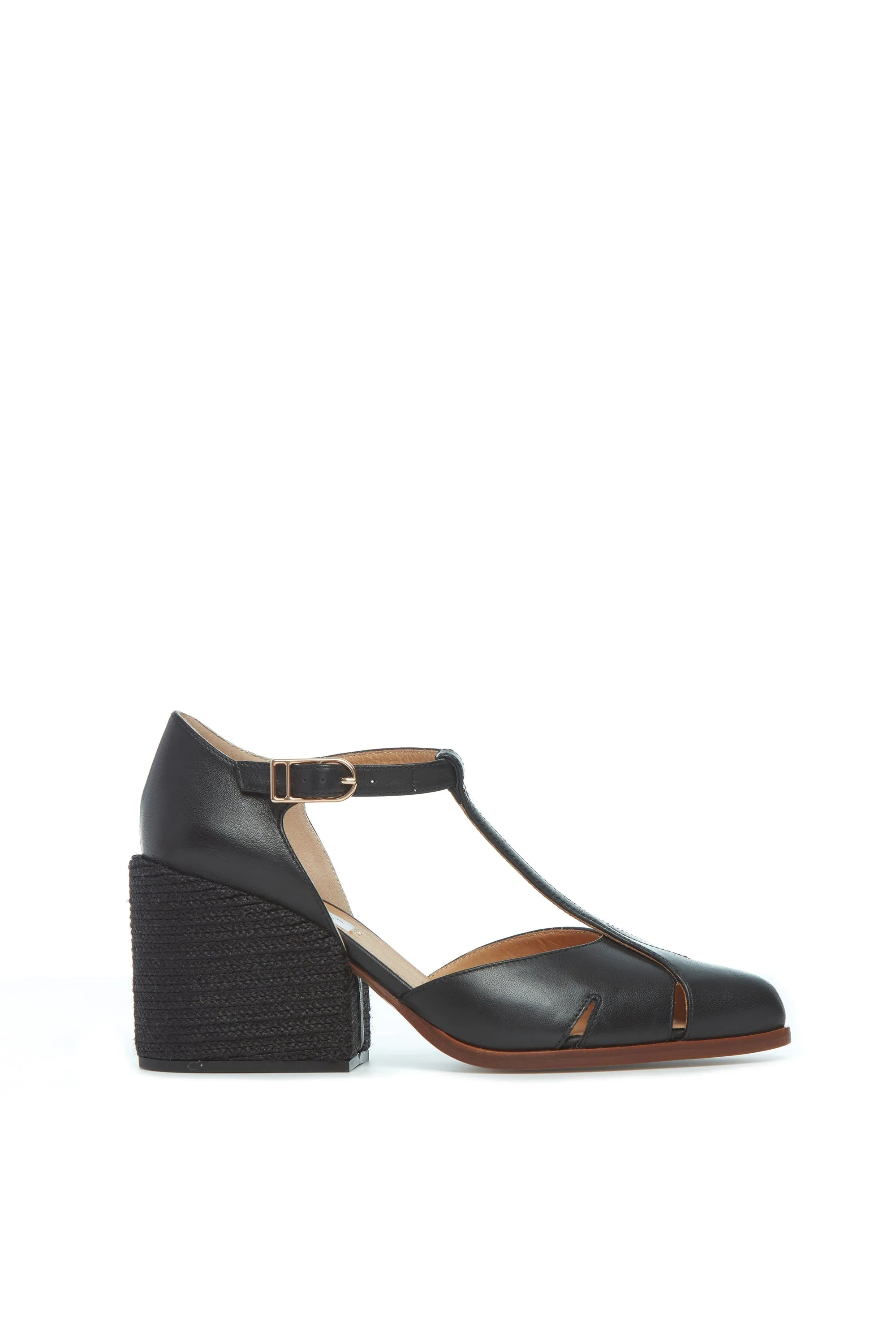 Ivy T-Strap Heel in Black Leather