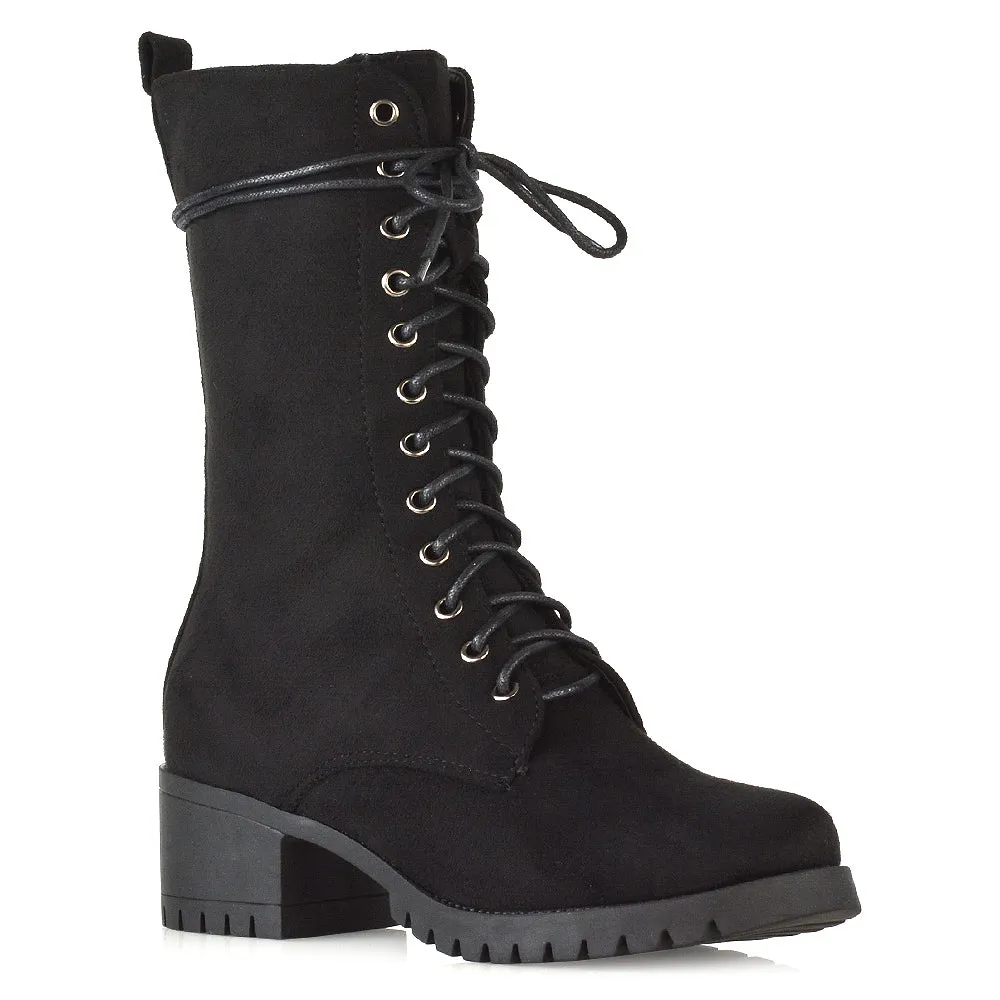 JENNIFER LACE LOW BLOCK HEELED MILITARY BIKER ANKLE BOOTS IN BLACK FAUX SUEDE