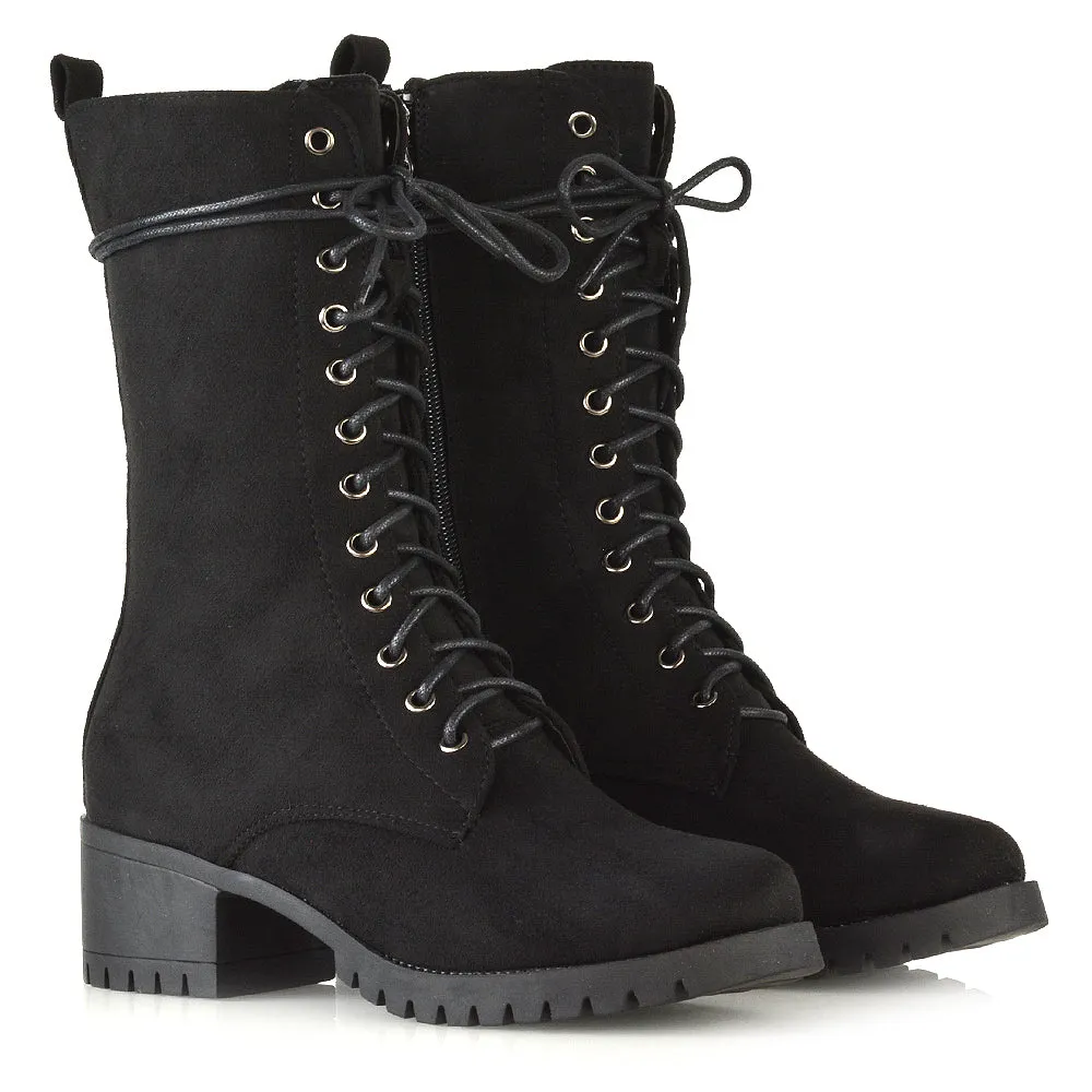 JENNIFER LACE LOW BLOCK HEELED MILITARY BIKER ANKLE BOOTS IN BLACK FAUX SUEDE