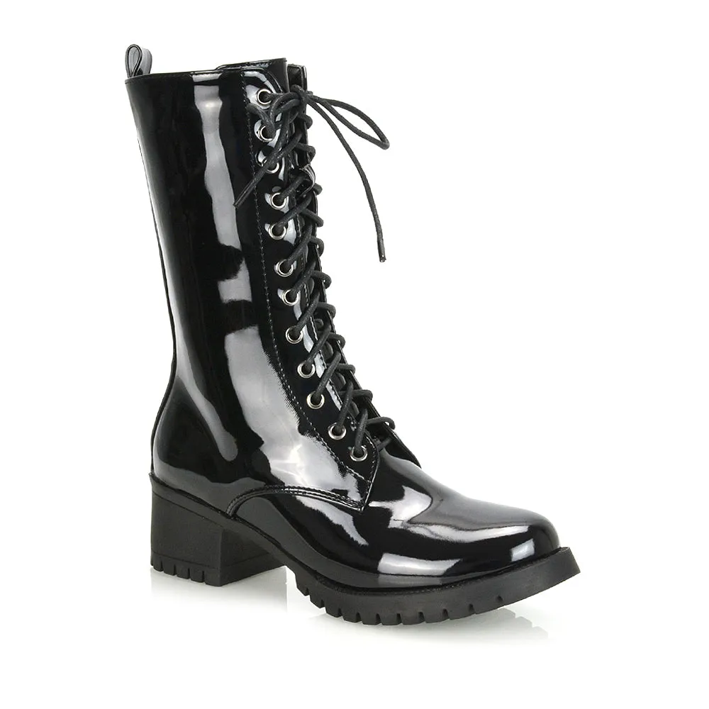 JENNIFER LACE LOW BLOCK HEELED MILITARY BIKER ANKLE BOOTS IN BLACK FAUX SUEDE