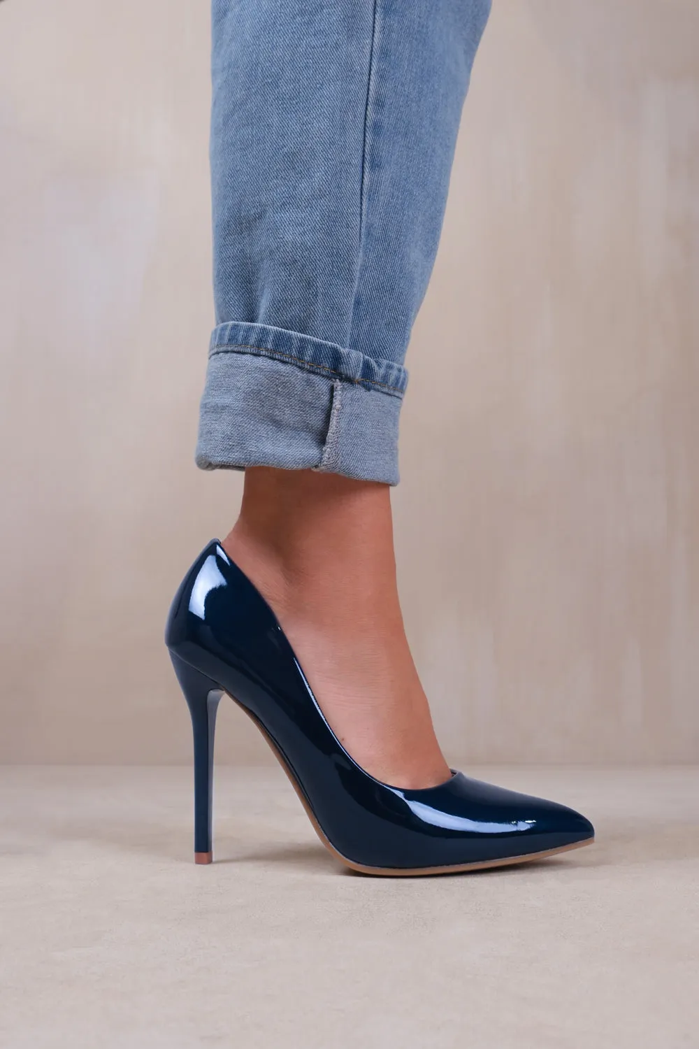 KYRA HIGH HEEL STILETTO PUMPS IN NAVY PATENT FAUX LEATHER