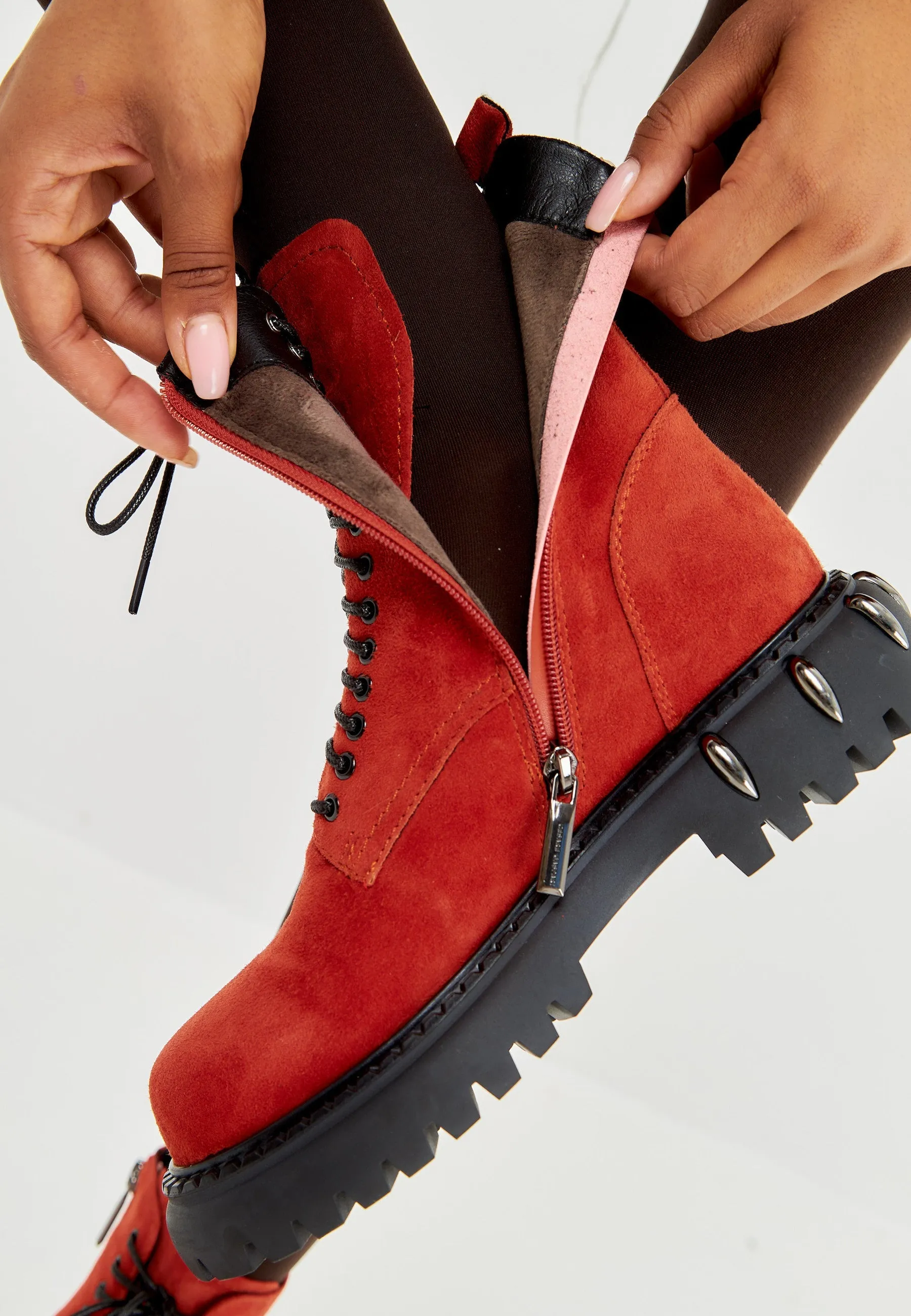 Lace-Up Combat Boots with Chunky Sole - Red