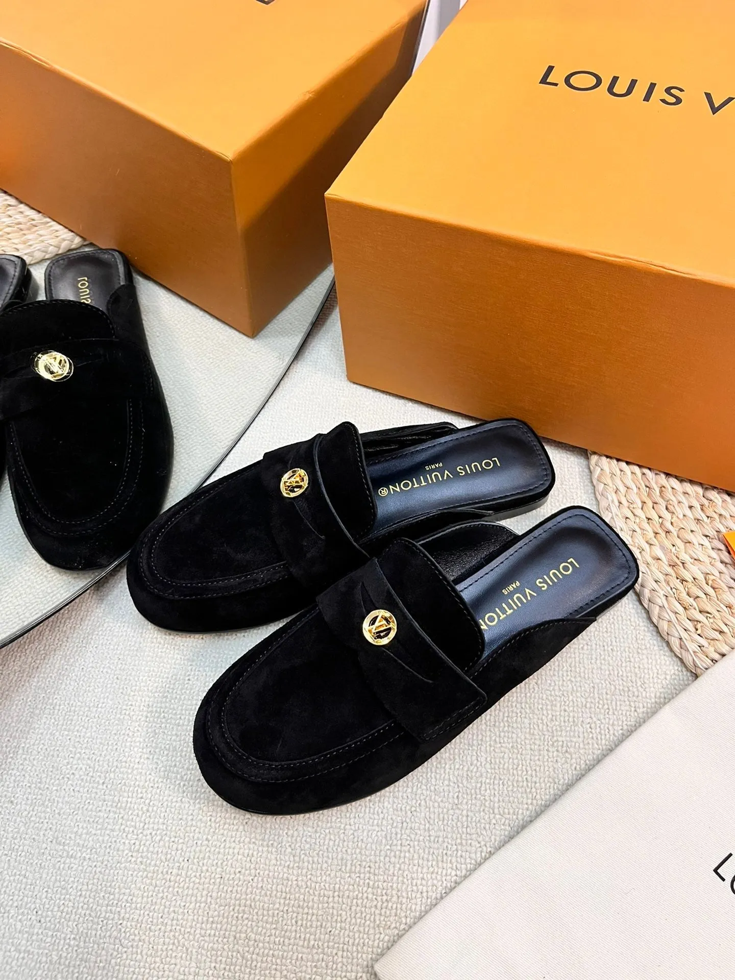 LV CAPRI OPEN BACK LOAFERS IN BLACK SUEDE